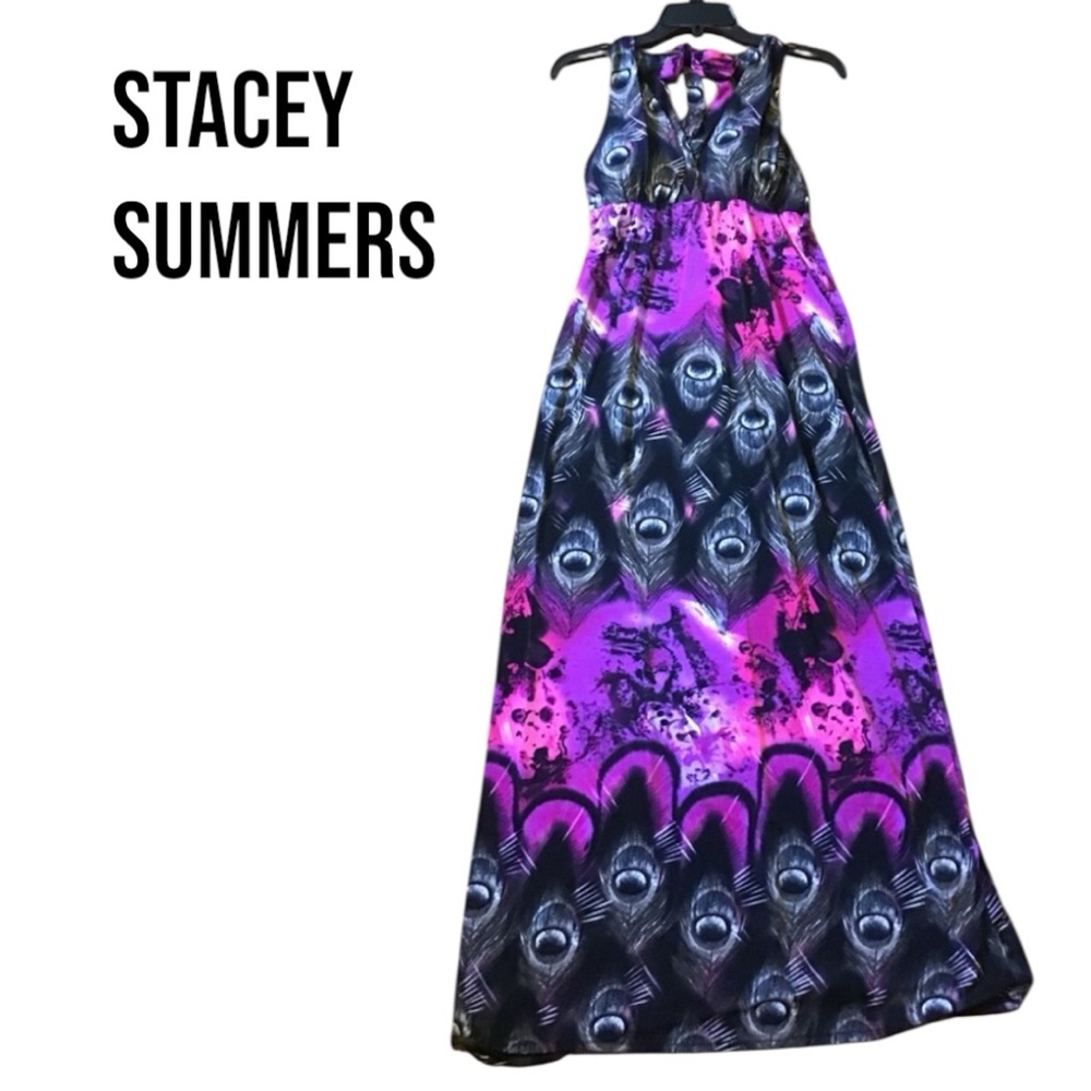 Stacey Summers PEACOCK SLEEVELESS HALTER MAXI DRESS Small PINK PURPLE BLACK EUC